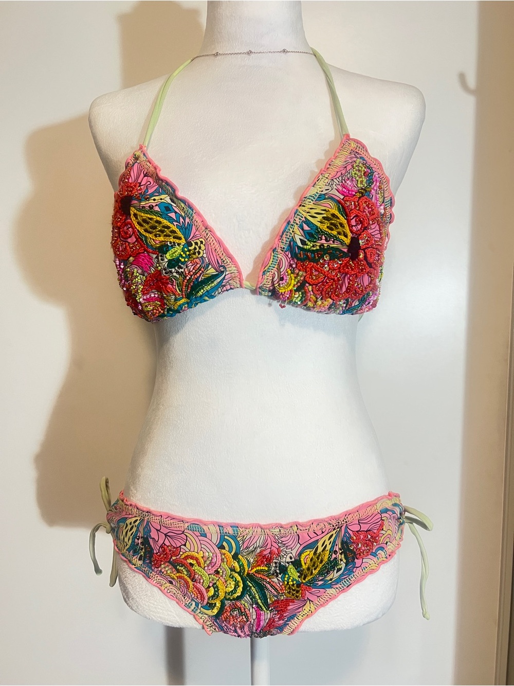 Luxury Colombian Artisan Hand Beaded Bikini Set Pink Floral